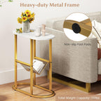 Giantex Oval Narrow Side Table, Small End Table with Magazine Rack Sling Holder Pouch, Modern Slim Nightstand, Bedside Tables for Living Room Bedroom Couch Small Spaces, White & Gold