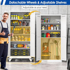 GAIOUS Metal Garage Storage Cabinet with Lock, Steel Tool Cabinet with 2 Doors and 5 Adjustable Shelves, 75” Tall Lockable File Cabinet with Wheels, Organization for Home Office Garage Gym - White