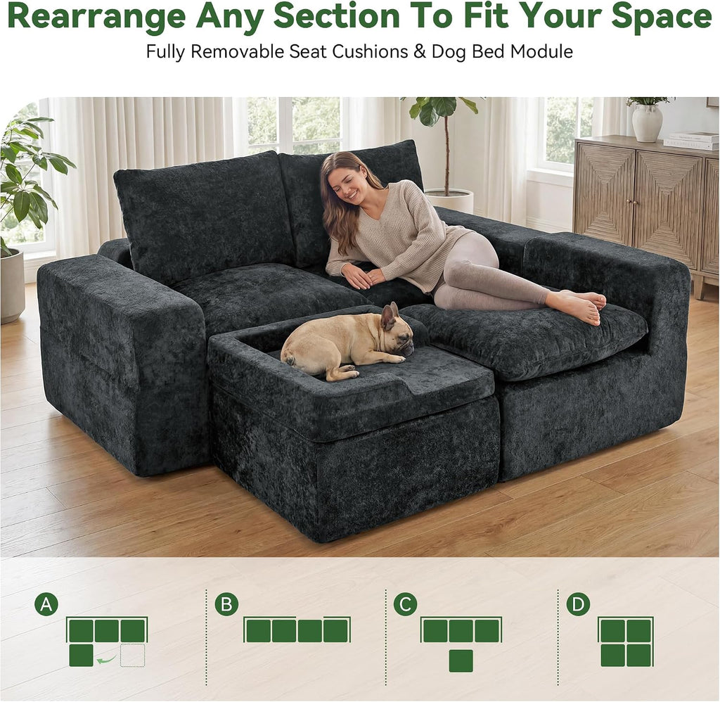 MONVANE 102" Modular Sectional Sofa, Oversized 4 Seat Convertible L Shaped Cloud Couch with Multi-Use Lounge Ottoman, Comfy Crushed Velvet Couches for Living Room, Charcoal Grey