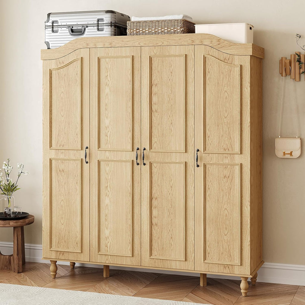 71" H Arched Armoire Wardrobe Closet with 4 Doors, Wooden, Natural