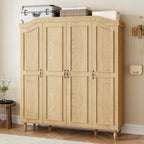 71" H Arched Armoire Wardrobe Closet with 4 Doors, Wooden, Natural