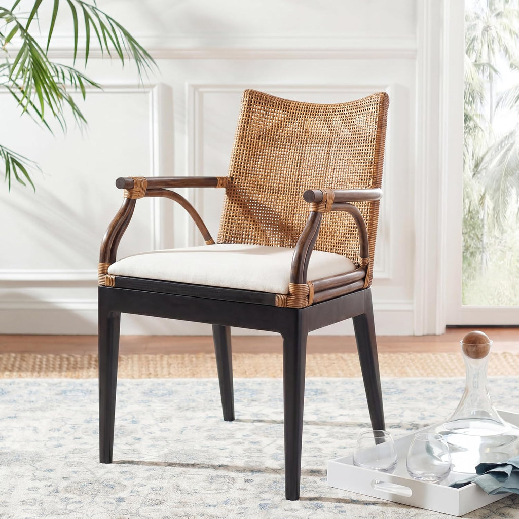 SAFAVIEH Gianni Rattan Arm Chair 19.8”, Solid Wood Brown & Black SEA4011A | Hand-Woven Rattan Back, Solid Mahogany Frame, Foam-Filled Cotton Seat, Easy Assembly, Indoor Use