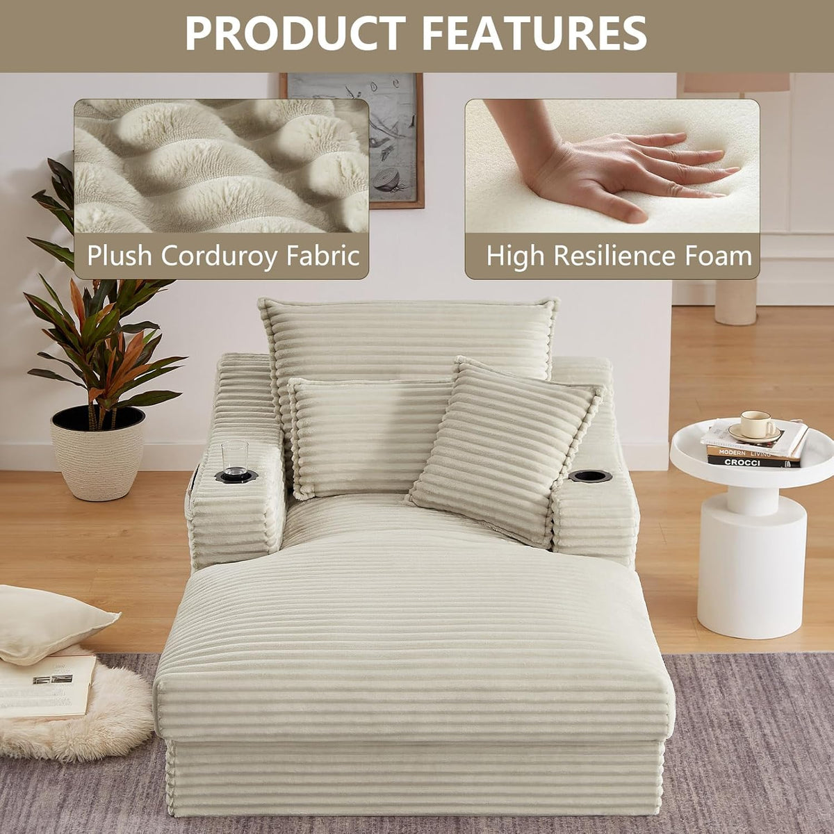 67.7" Chaise Lounge Chair Indoor with Cup Holders & Side Pocket, Oversized Floor Lounger Chairs Indoor with 3 Soft Pillows, Deep Seat Reading Lounge Couch for Living Room, Apartment, Camel