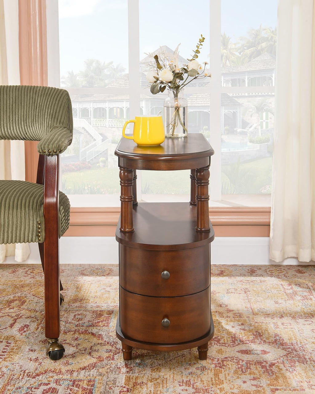 Biaco Solid Wood End Table with 2 Drawers & Shelf - Cherry Walnut Vintage Narrow Side Table, Pre-Assembled Slim Nightstand for Bedroom/Living Room (23.4" Dx11.4 Wx25.3 H), BG-A508-CY