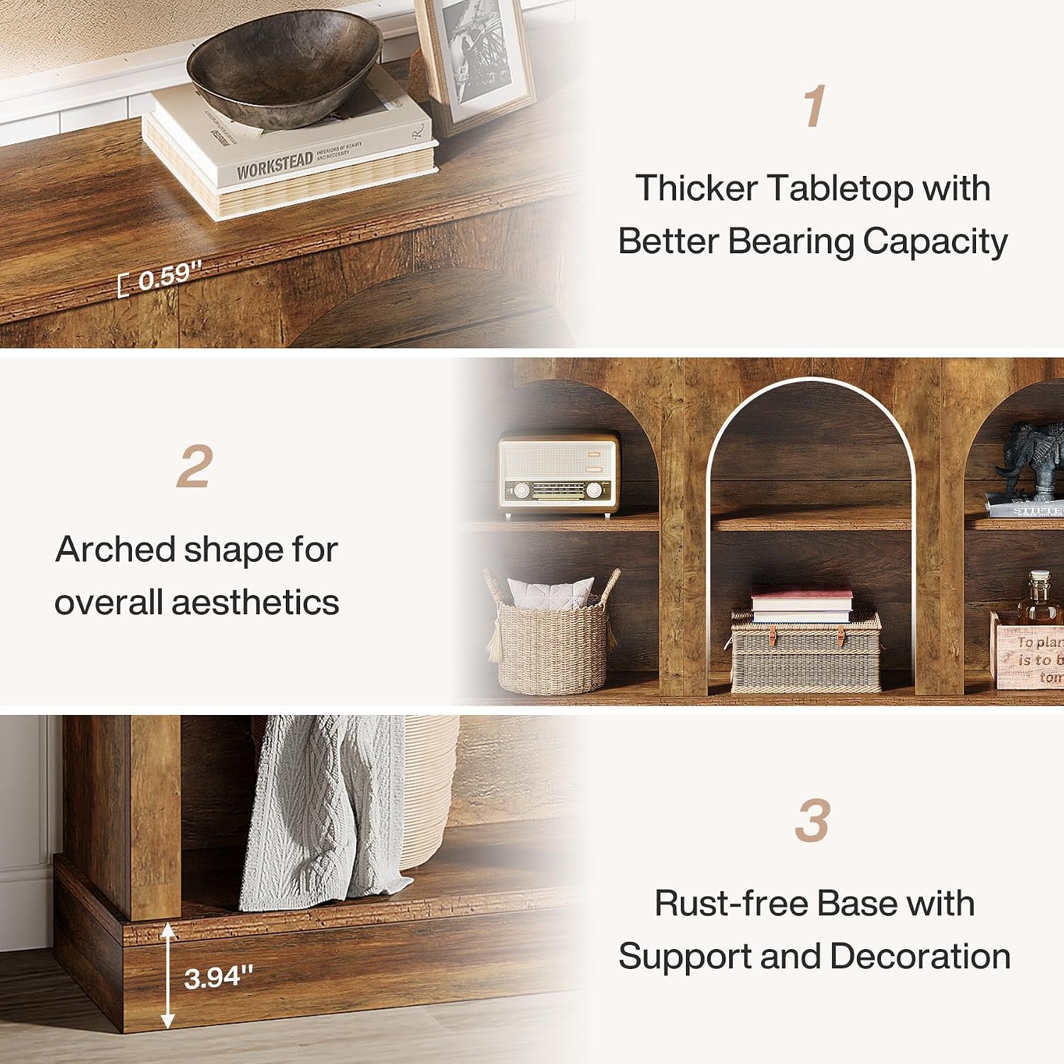 Tribesigns Arched Console Table, 63" Wooden Entryway Table with Storage | Farmhouse Long 3-Tier Sofa Table Behind The Couch for Entrance, Hallway, Living Room, Foyer, Brown