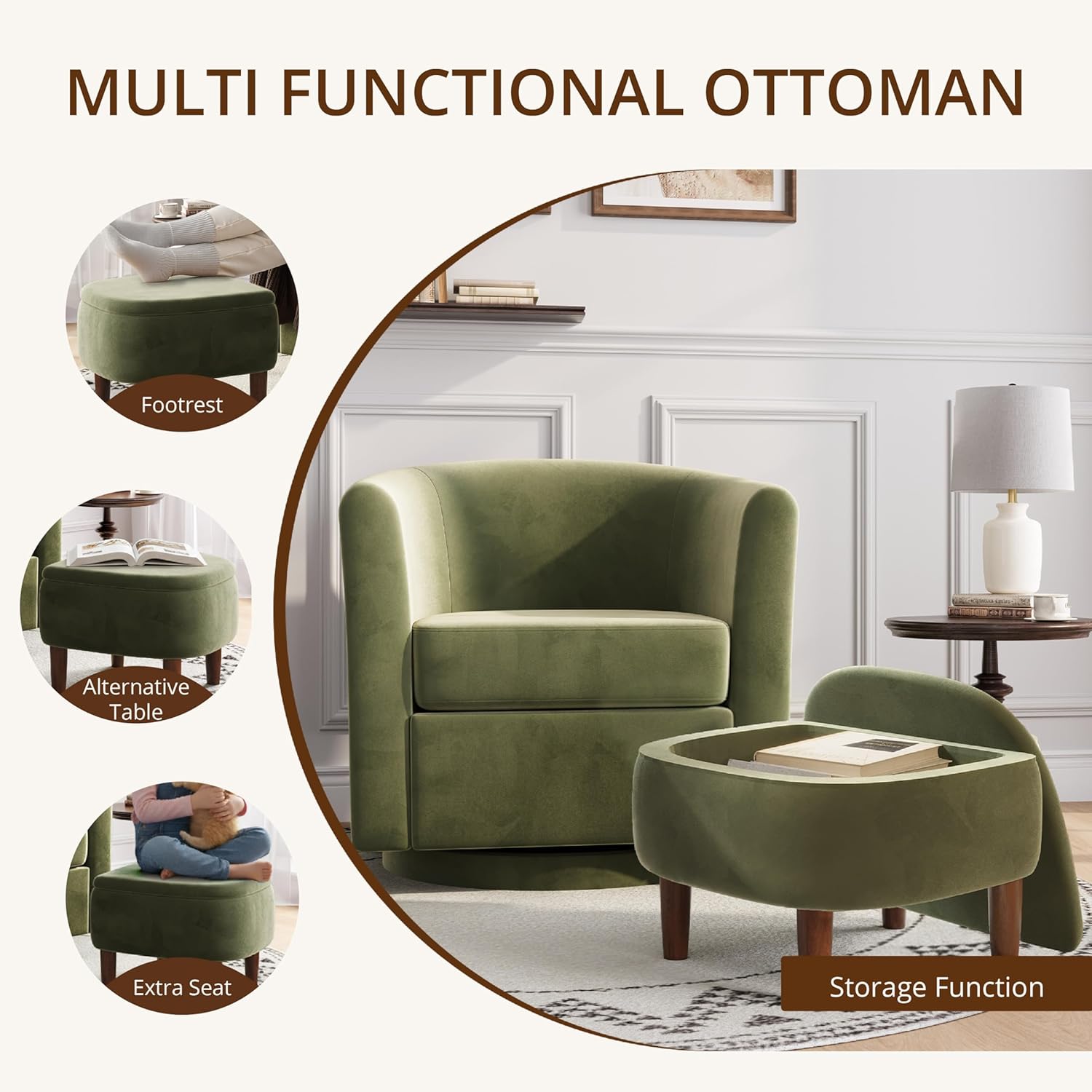 360° Swivel Accent Chair with Storage Ottoman Set of 2 | Small Modern Velvet Barrel Chair, Upholstered Armchair with Footrest for Living Room/Reading/Bedroom, Green