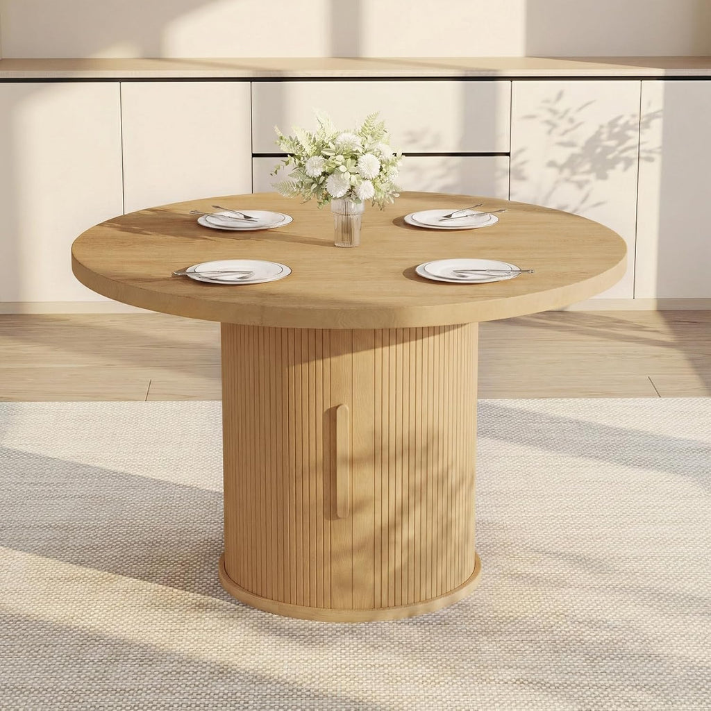 HIPIHOM Round Wooden Dining Table with Storage, 43.3” Wood Tabletop, 2-Piece Semi-Circle Design, Pedestal Base Dining Table for Kitchen & Dining Room, Natural Oak