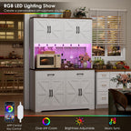 HIFIT 71" LED Pantry Cabinet with Charging Station, Tall Coffee Bar Cabinet | Farmhouse Kitchen Hutch Cabinet with Storage, Large Countertop, 7 Metal Cup Hooks, White