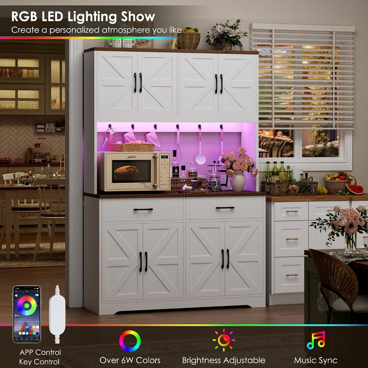 HIFIT 71" LED Pantry Cabinet with Charging Station, Tall Coffee Bar Cabinet | Farmhouse Kitchen Hutch Cabinet with Storage, Large Countertop, 7 Metal Cup Hooks, White