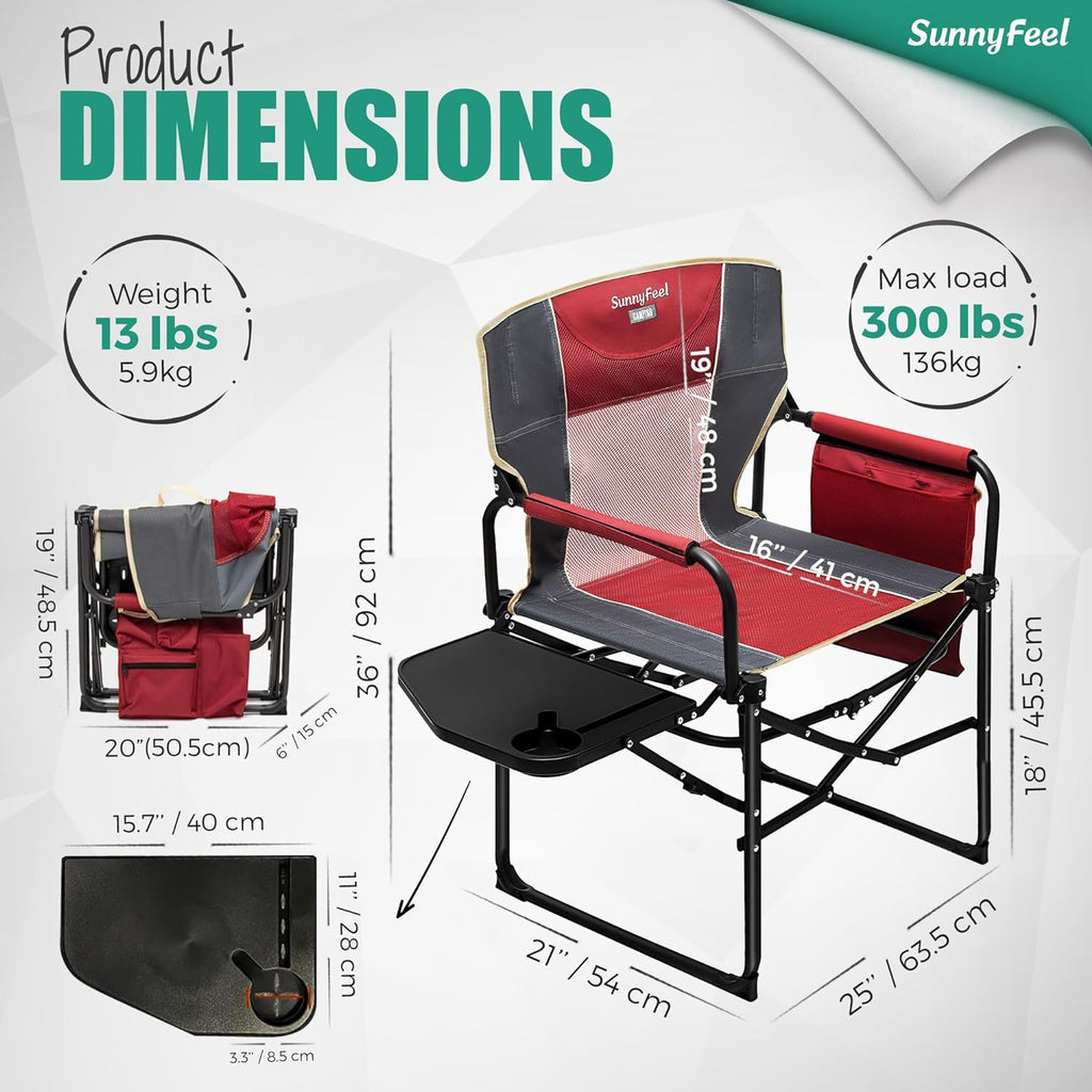 SUNNYFEEL Oversized Camping Chair Portable Directors Chairs with Side Table | Heavy Duty Folding Lawn Chair for Adults 300LBS with Compact Size, Breathable Mesh, Pocket & Carry Bag for Outdoor, Lawn, RV
