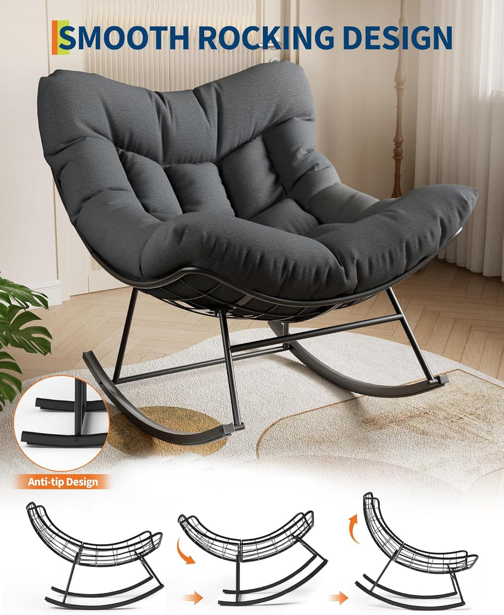 Garvee Outdoor Papasan Rocking Chair, Oversized Rocking Chair with Sturdy Metal Frame, Patio Egg Rocker for Balcony Backyard Porch Bedroom (Grey)