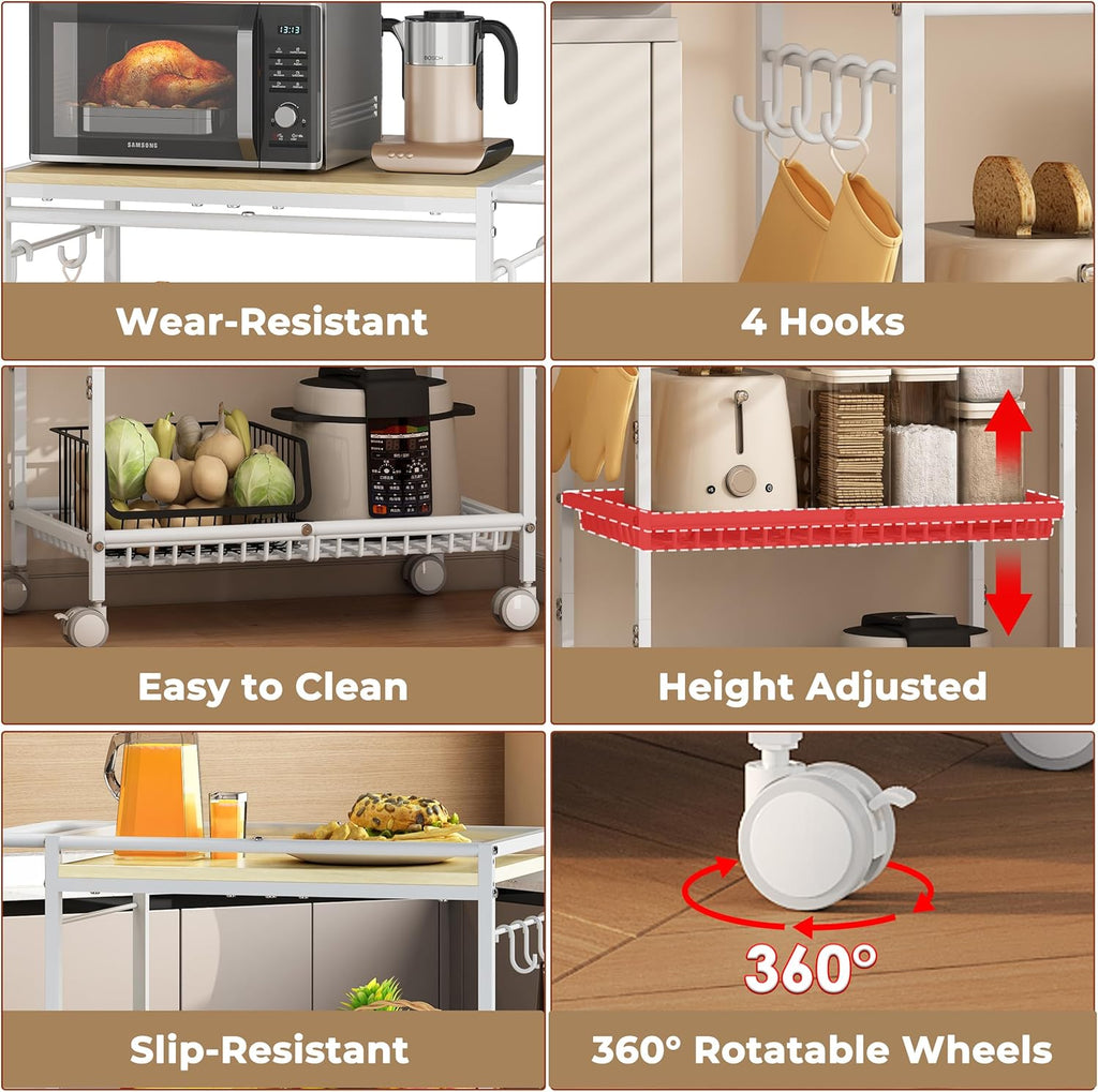 Microwave Kitchen Cart with 2 Lockable Wheels, White Kitchen Storage Cart with Push Handle, 3 Tier Rolling Cart with 210Lbs Capacity for Kitchen Island, Restaurant, Coffee Bar, Living Room, Office