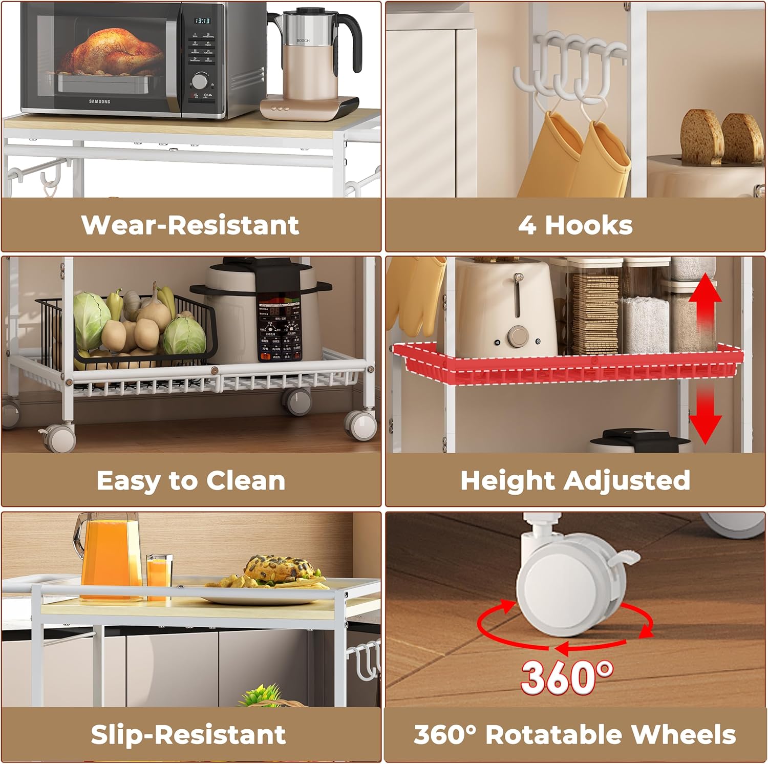 Microwave Kitchen Cart with 2 Lockable Wheels, White Kitchen Storage Cart with Push Handle, 3 Tier Rolling Cart with 210Lbs Capacity for Kitchen Island, Restaurant, Coffee Bar, Living Room, Office
