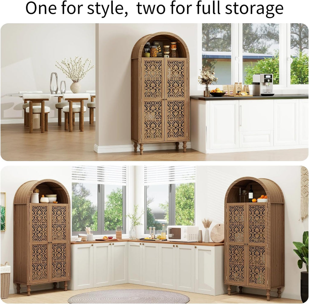70" Tall Arched Kitchen Pantry with 5-Tier Storage Space, Boho Storage Cabinet with Hollow Carved Door, Modern Farmhouse Versatile Cupboard for Kitchen, Dining Room, Living Room, Walnut, 1 PCS