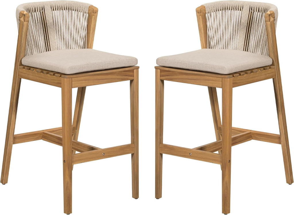 Christopher Knight Home Cuz Patio Barstool Set of 2, Outdoor Counter Height Stool with Sturdy Acacia Wood Frame and Rope Backrest, Bar Stool with Seat Cushion for Backyard Garden, Beige + Teak