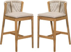 Christopher Knight Home Cuz Patio Barstool Set of 2, Outdoor Counter Height Stool with Sturdy Acacia Wood Frame and Rope Backrest, Bar Stool with Seat Cushion for Backyard Garden, Beige + Teak