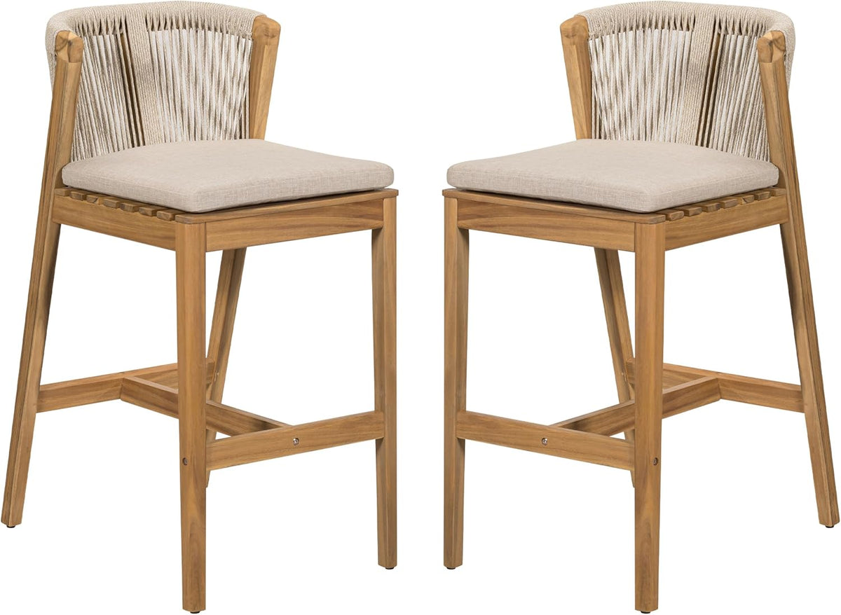 Christopher Knight Home Cuz Patio Barstool Set of 2, Outdoor Counter Height Stool with Sturdy Acacia Wood Frame and Rope Backrest, Bar Stool with Seat Cushion for Backyard Garden, Beige + Teak