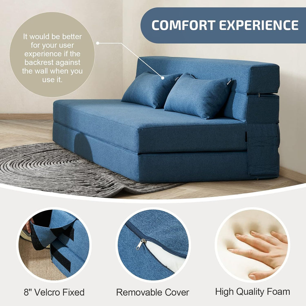 SUYOLS Folding Sofa Bed with Pillows- Convertible Chair Floor Couch & Sleeping Mattress, Foldable Memory Foam Sleeper for Living Room/Dorm/Guest Room/Home Office/Apartment/Loft, Queen, Navy Blue
