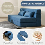 SUYOLS Folding Sofa Bed with Pillows- Convertible Chair Floor Couch & Sleeping Mattress, Foldable Memory Foam Sleeper for Living Room/Dorm/Guest Room/Home Office/Apartment/Loft, Queen, Navy Blue