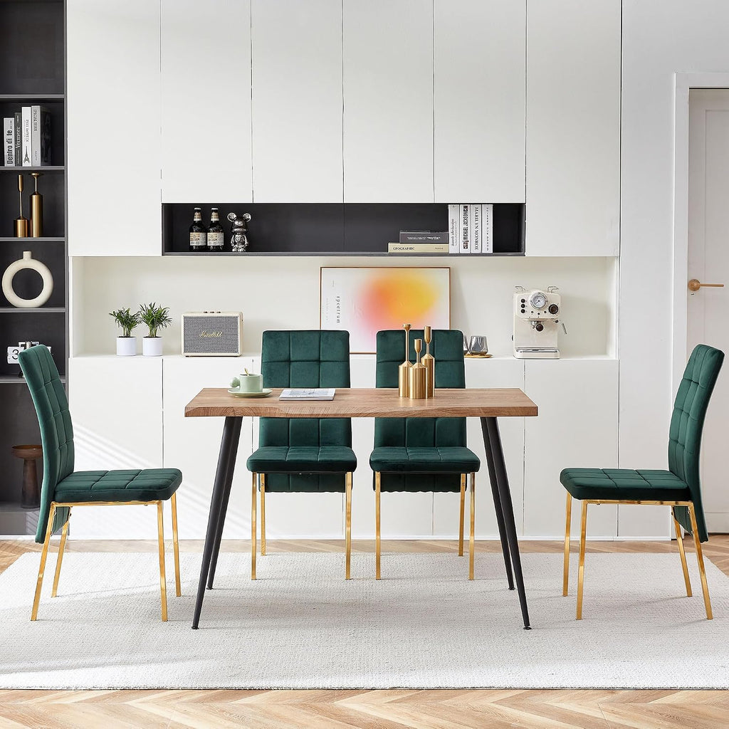 Howtek Rectangular Dining Table Set for 4, Mid Century Modern with 4 Dark Green Upholstered Velvet Kitchen Chairs, Dining Room Table Set for Kitchen, Breakfast Nook, Dining Room