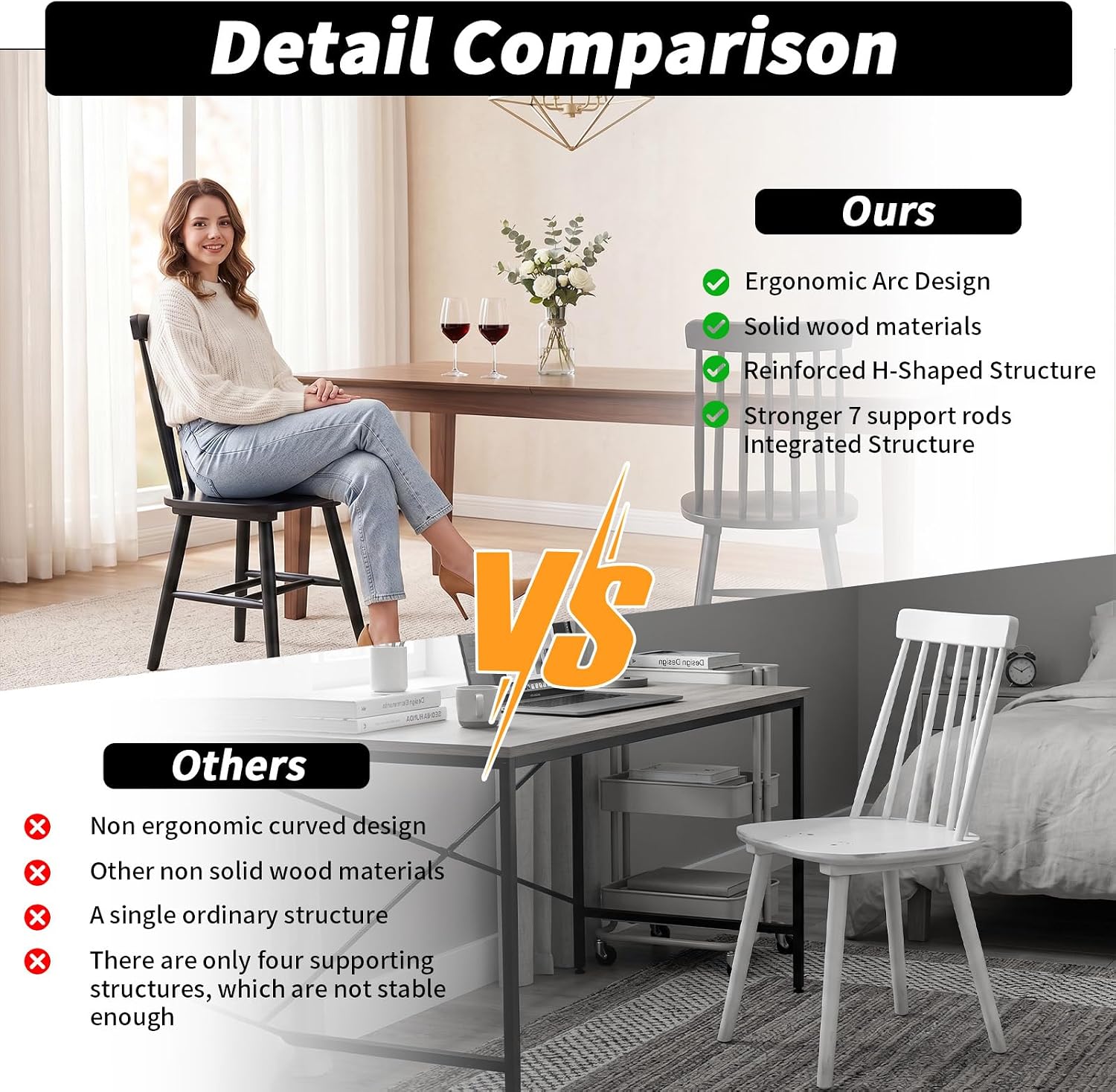 Black Wood Dining Chairs Set of 6, Windsor Farmhouse | Spindle Back, Solid Wood, Farmhouse Style, for Kitchen & Dining Room, Easy Assembly, Set of 6 Black, Country Decor
