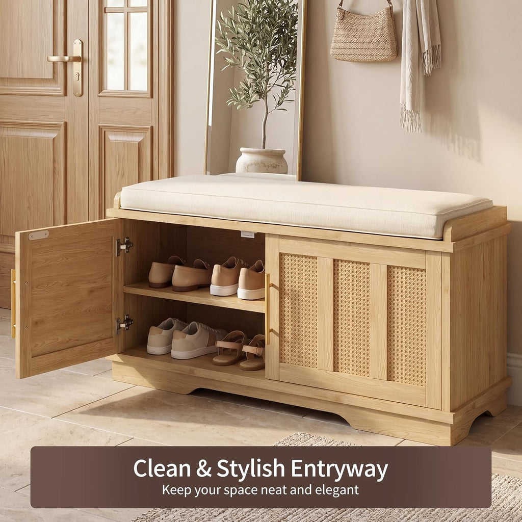 Heybly Shoe Cabinet with Bench, Rattan Entryway Storage Bench with Cushion, Shoe Storage Bench Cabinet with 2 Doors, Adjustable Shelves, Wooden Shoe Bench 39.4" for Living Room Bedroom Hallway HSB002N