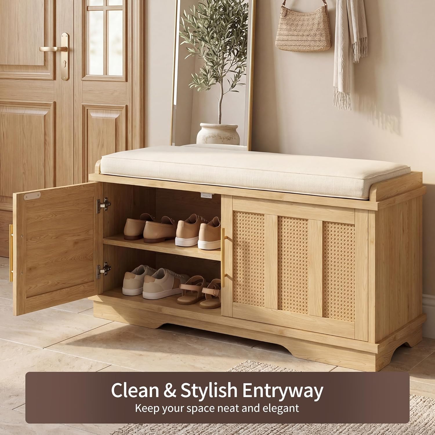 Heybly Shoe Cabinet with Bench, Rattan Entryway Storage Bench with Cushion, Shoe Storage Bench Cabinet with 2 Doors, Adjustable Shelves, Wooden Shoe Bench 39.4" for Living Room Bedroom Hallway HSB002N