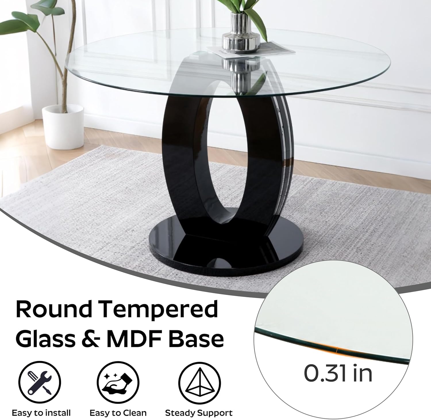 RGZ 47'' Modern Luxury Clear Glass Round Dining Table for 4-6, Glass Circle Top Kitchen Table with Elegant Silver Decorative Strips & Black Base, Circular Apartment Dinner Table for Home, Living Room