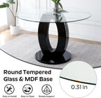 RGZ 39'' Modern Luxury Clear Glass Round Dining Table for 4-6, Glass Circle Top Kitchen Table with Elegant Silver Decorative Strips & Black Base, Small Apartment Dinner Table for Home, Living Room