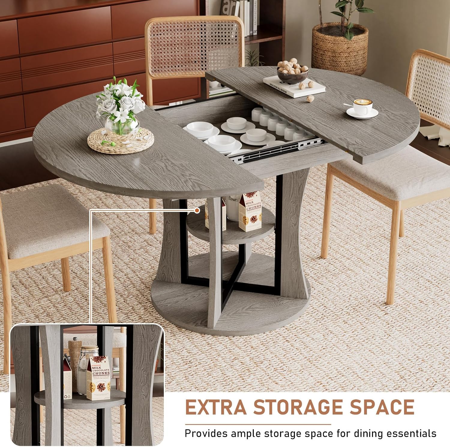 Extendable Round Dining Table for 4-6-8, 43.3-59in Expandable Kitchen Table with Storage Shelf, Space Saving Circle Oval Dining Table with Leaf for Kitchen, Dining Room, Gray