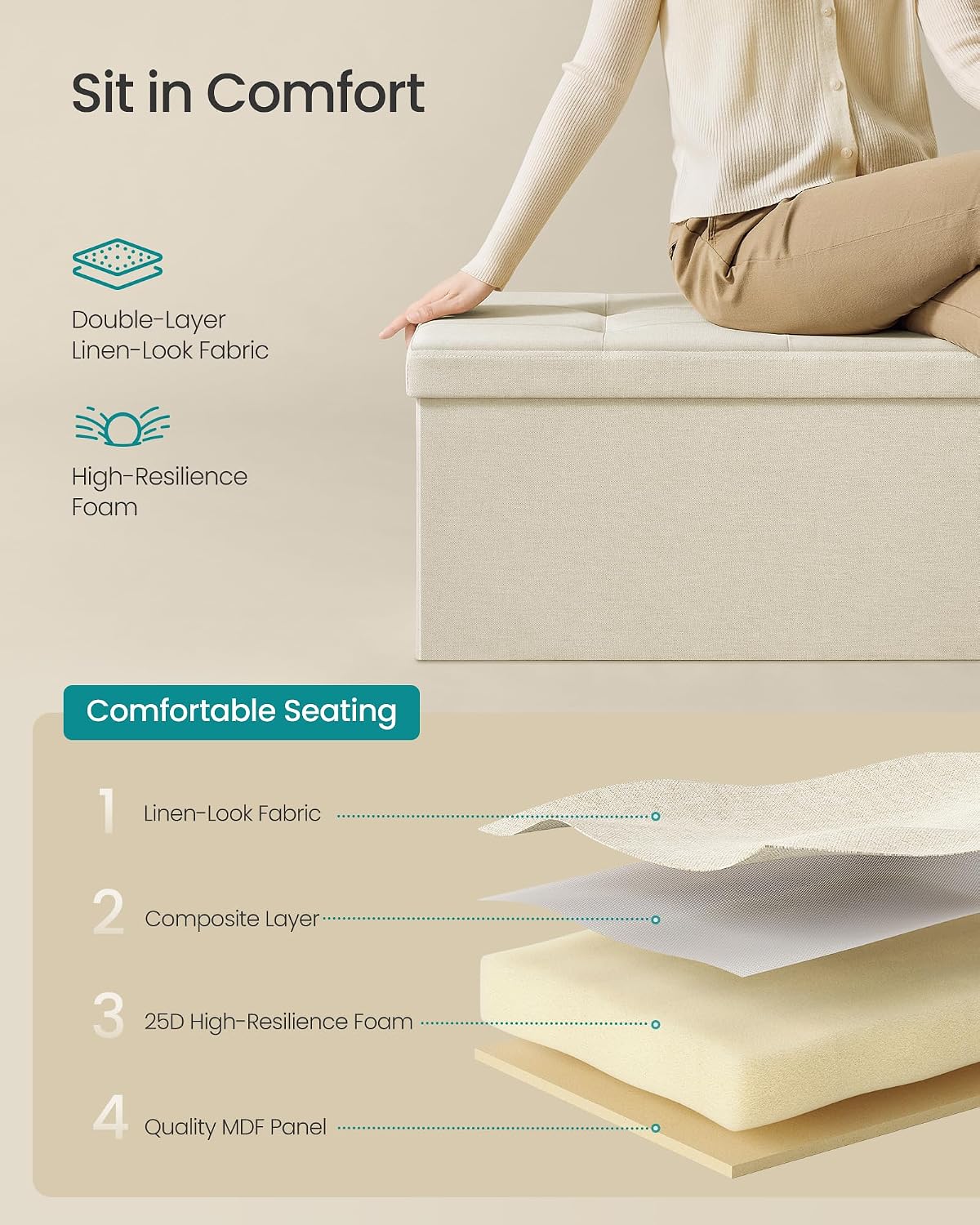 SONGMICS 43.3 Inches Folding Storage Ottoman Bench, Load 660 lb | Ottoman Foot Rest, Storage Chest, for Living Room, Entryway, Cream White and Ink Black, MINOTA Collection ULSF77BE