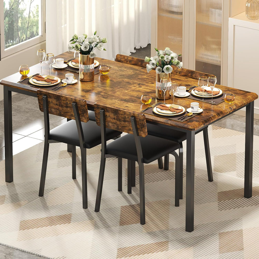 IRONCK 5-Piece 63" Extendable Dining Table with 4 Upholstered Chairs, Kitchen Table Set for 4-8 People, Dining Room Sets with MDF Wood Board, Drop Leaf Table Design for Space Saving, Rustic Brown