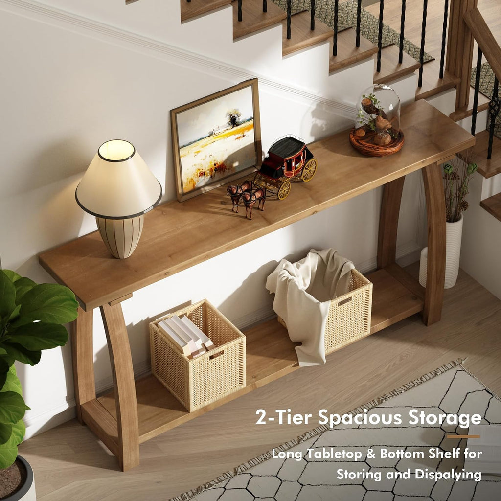 HOKYHOKY Solid Wood Console Table, 63" Long Farmhouse Entryway Tables Narrow Behind Couch Table with A-Shaped Curved Legs, Rustic Skinny Sofa Tables for Living Room, Hallway or Foyer