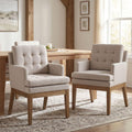 Linen Fabric Dining Chairs Set of 2, Upholstered Tufted Kitchen Room Chairs with Arms, Cozy Farmhouse Solid Wood Accent Side Chair for Dining/Living Room, Removable Cushion, Light Grey