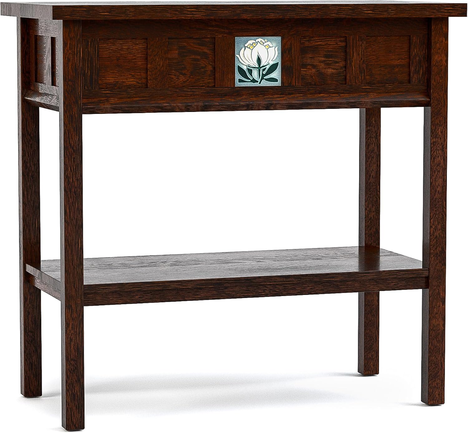 Stickley 125th Anniversary Floral Tile Console, End Table, Nightstand, Solid Oak, Centennial Finish, Mission Style, Removable Ceramic Art Tile, 1 Drawer, 31.5in W x 16in D x 30in H, Made in USA