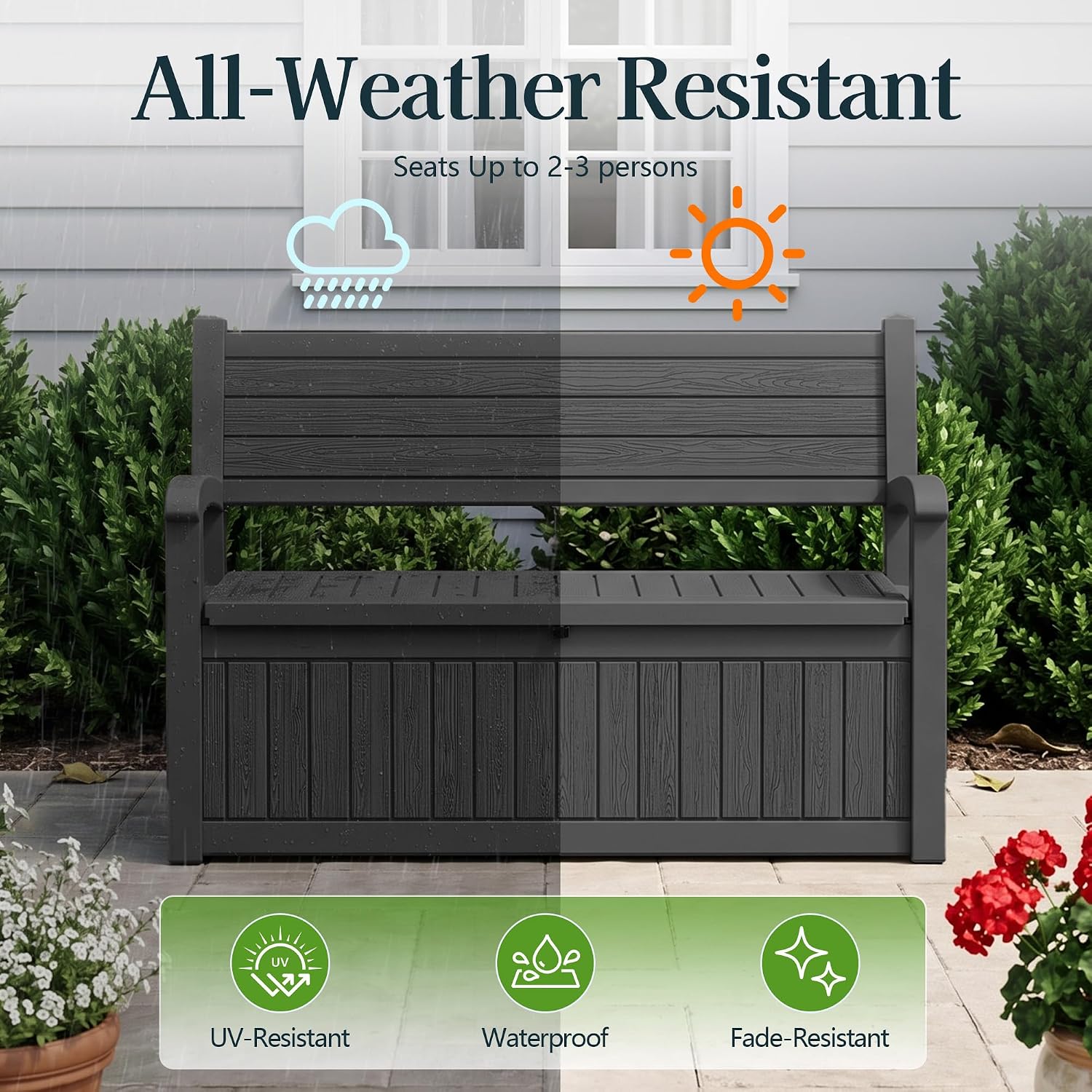 Outdoor Bench with Storage, Waterproof Garden Storage Bench, 100 Gallon Lockable Resin Deck Box, Weatherproof Bench Seating for Patio Yard Cushions Tools, Black
