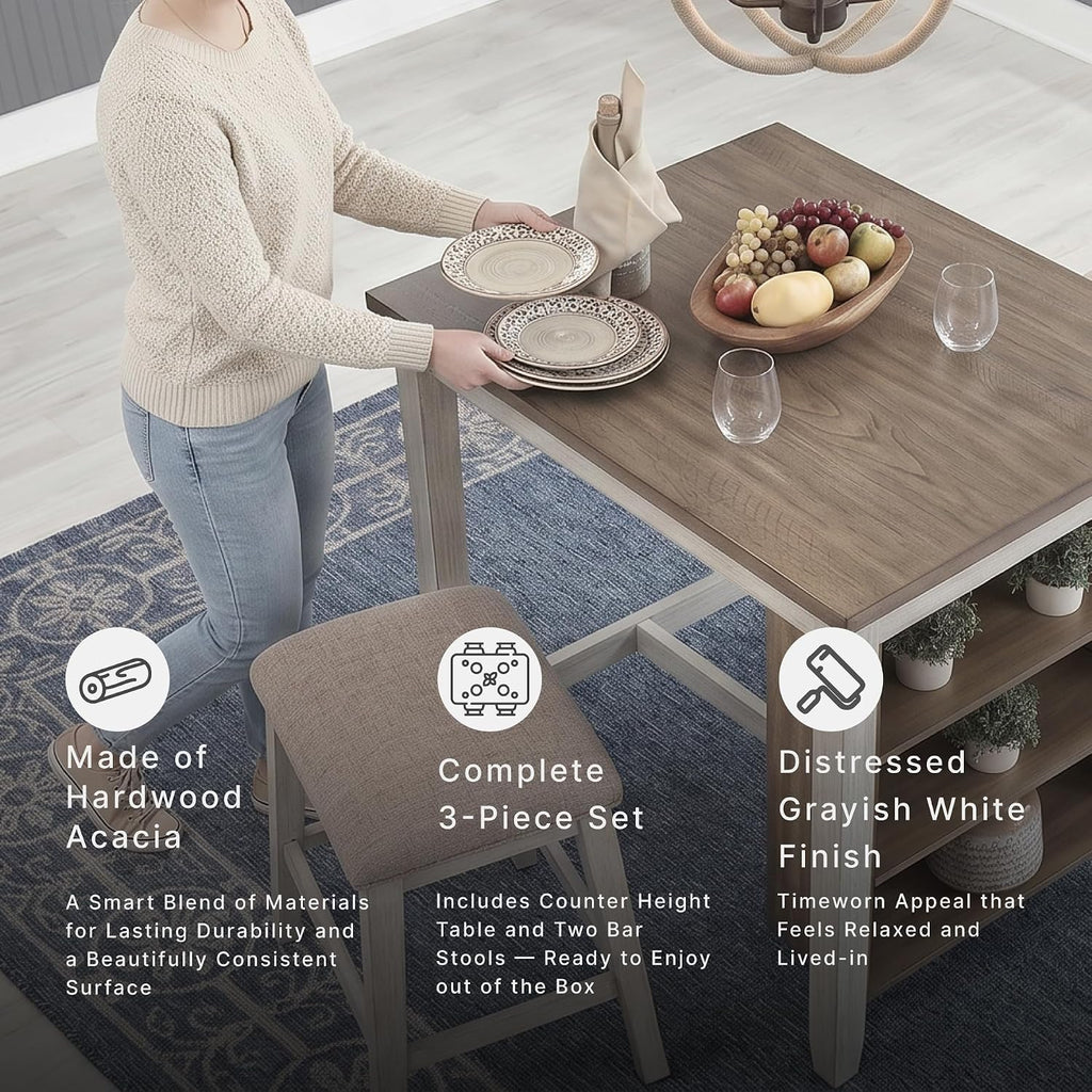Signature Design by Ashley Skempton 3-Piece Counter Height Dining Table Set | Two-tone acacia wood set, 3 built-in open shelves, 2 upholstered saddle stools, Space-saving tuck-away design, Dining room