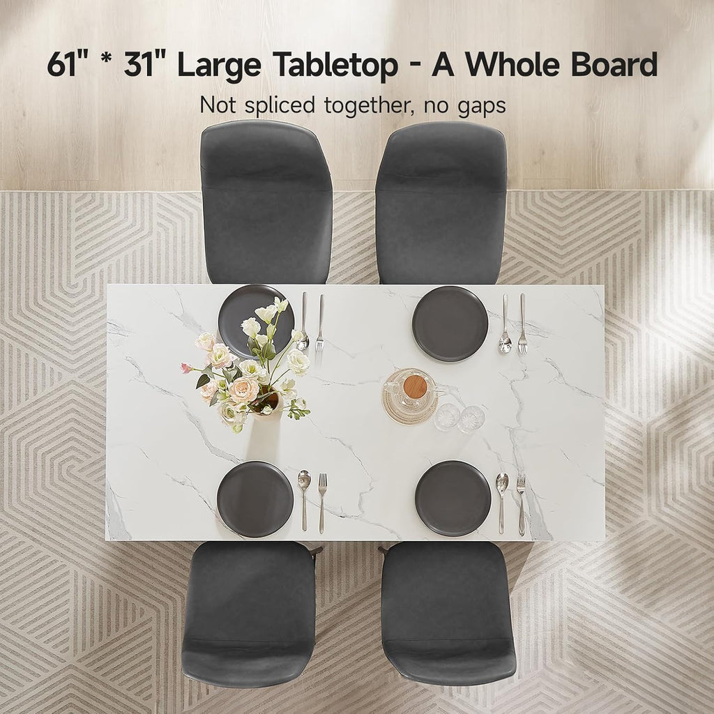ONBRILL 61 x 31 Inch Whole Board of Tabletop Kitchen Island Table with Storage Space, Power Outlet & LED Lights, Modern Imitation Marble Large Counter Height Dining Table for 4 (Black)