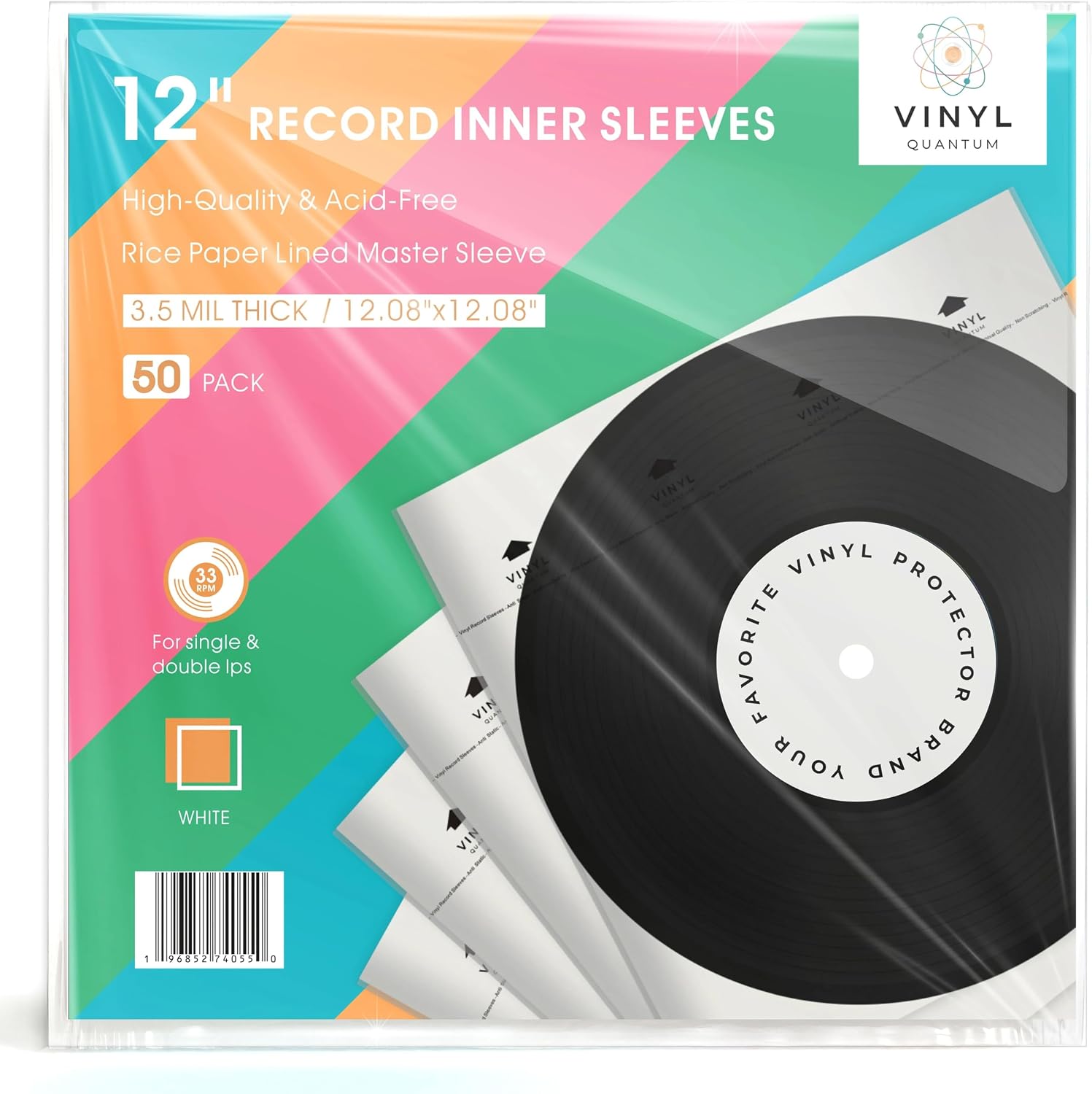 50 Pieces 12.08" x 12.08" Record Inner Sleeves Acid Free, 3.5 Mil Thick Rice Paper Lined Master Sleeve, Your Favorite Vinyl Protector Brand