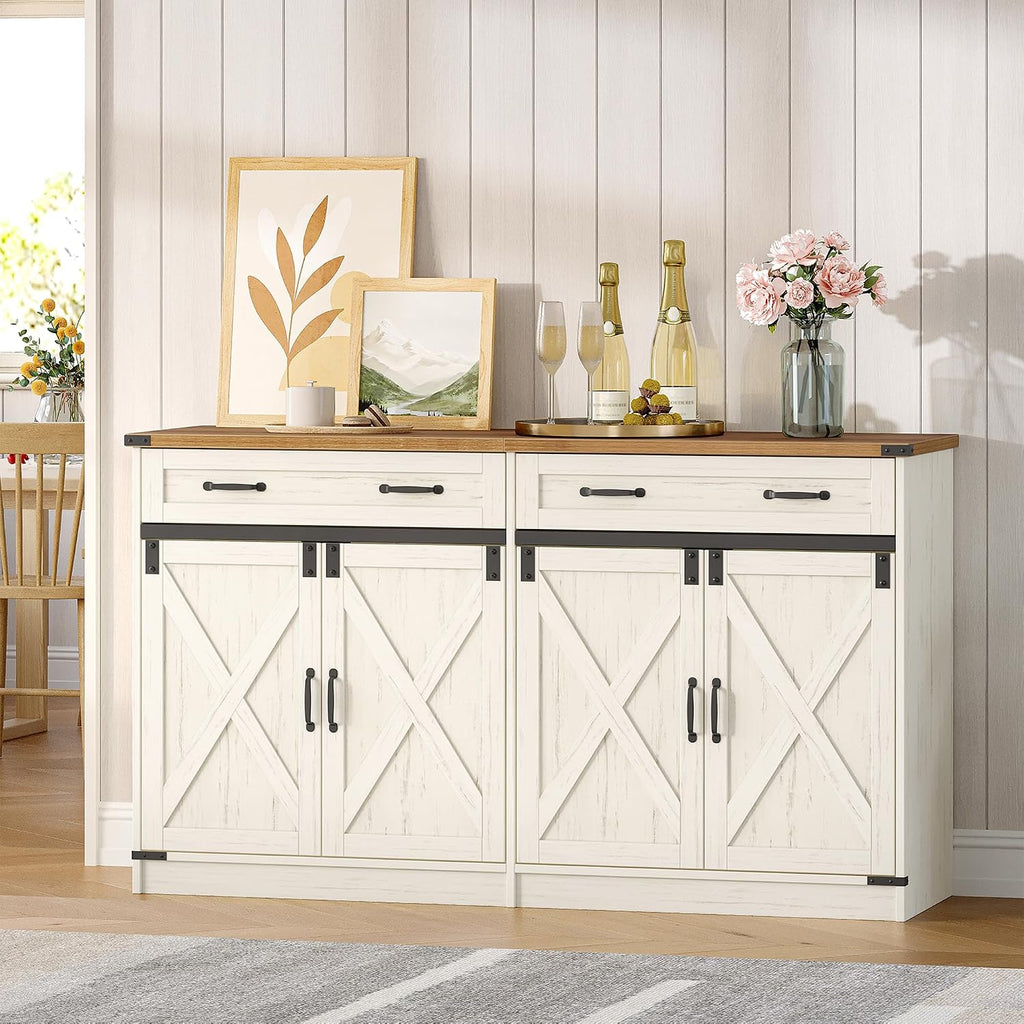 Hzuaneri Kitchen Storage Cabinet, Buffet Cabinet with Storage, Modern Farmhouse Sideboard Cabinets with Drawer, 55.1" Coffee Bar Cabinets with Doors & Adjustable Shelves, for Kitchen, White Brown