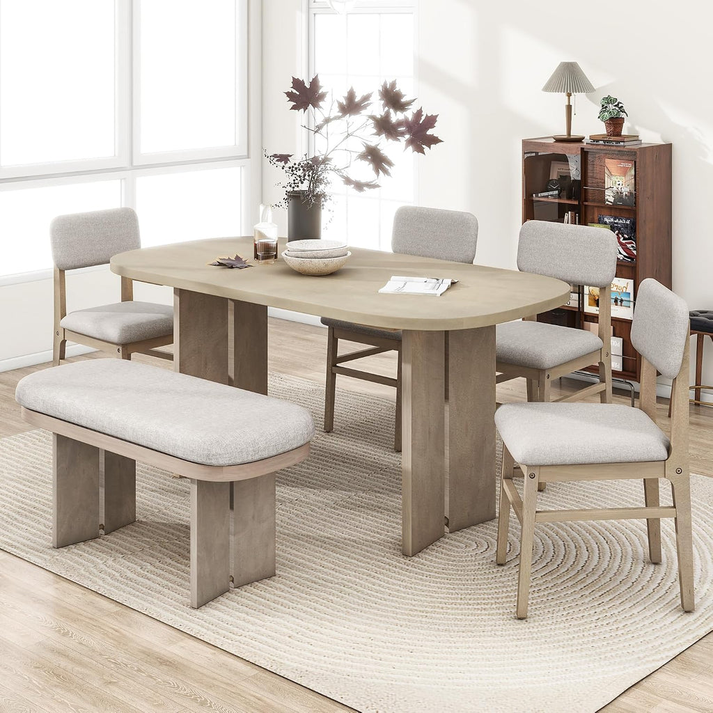 6 Pieces Wood Dining Table Set with Bench, Farmhouse Rectangular Table with 4 Upholstered Chairs & 1 Bench for Family Gatherings﻿ (Natural)