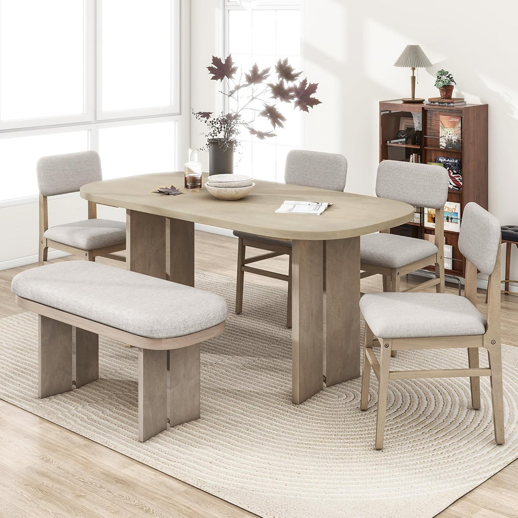 Harper & Bright Designs Dining Table and Chairs Set, 6-Piece Solid Wood Dining Room Set with Bench, Modern Farmhouse Kitchen Furniture for Family Gatherings, Natural