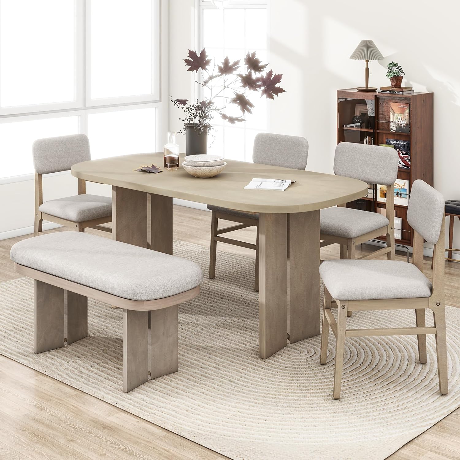 Harper & Bright Designs Dining Table and Chairs Set, 6-Piece Solid Wood Dining Room Set with Bench, Modern Farmhouse Kitchen Furniture for Family Gatherings, Natural