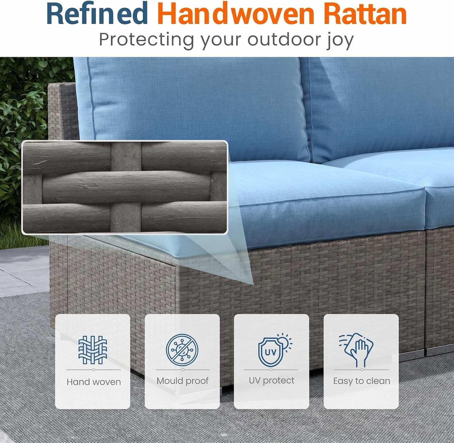 Wisteria Lane Outdoor Sofa, 2 Pieces Wicker Patio Furniture Set with Washable Cushions, Armless Patio Sectional for All-Weather, Oversized Outside Furniture for Garden, Poolside, Backyard, Light Blue