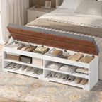 UPOSOJA 60" Farmhouse 2-Tier Storage Bench with Drawer, Entryway Bench & End of Bed, Lift-Top Storage Chest, Cushion, Adjustable Shelf for Entryway, Bedroom, Living Room (White)