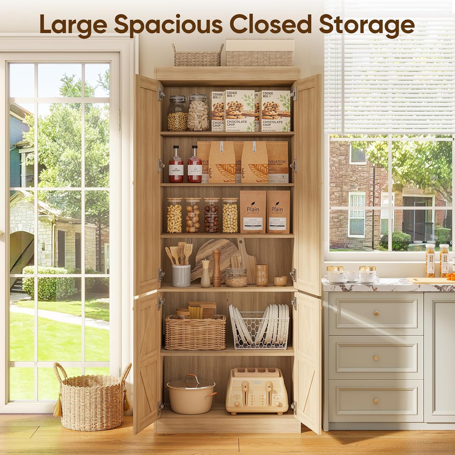 Vyre 70.8" Tall Kitchen Pantry Cabinet with Doors, Farmhouse Modular Storage Cabinet with 4-Tier Adjustable Shelves, Large Storage Cabinet for Kitchen or Living Room, Set of 3, Brown