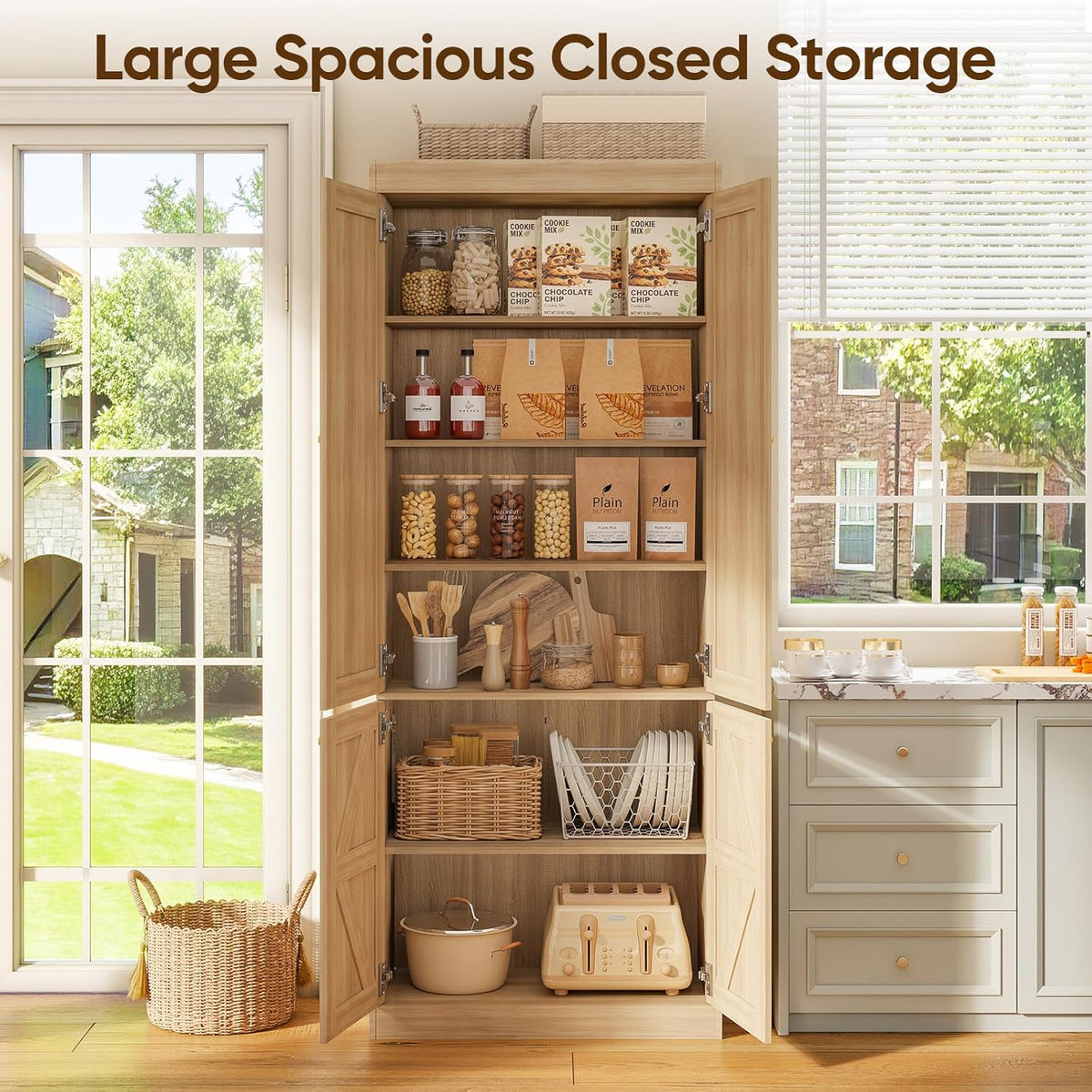ivaniti 70.8" Tall Kitchen Pantry Cabinet with Doors, Farmhouse Modular Storage Cabinet with 4-Tier Adjustable Shelves, Large Storage Cabinet for Kitchen or Living Room, Set of 2, Brown