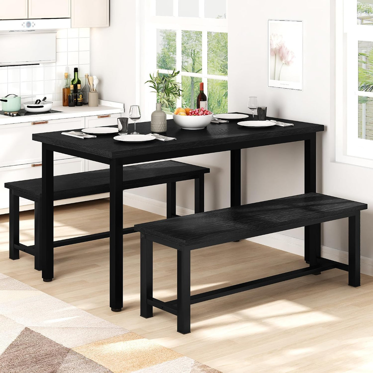 Recaceik Dining Benches, 39 Inch Table Benches, Pair of 2 Benches for Dining Room, Kitchen, Entryway, Bedroom, Industrial Small Bench Kitchen Bench with Metal Legs, Easy to Assemble, Black