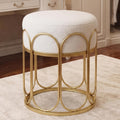 Pre-Assembled Modern Gold Vanity Stool, White Sherpa Boucle Round Ottoman & Metal Frame Pouf, 17.7" No Assembly Required Makeup Chair, Cozy Teddy Footrest for Bedroom & Living Room