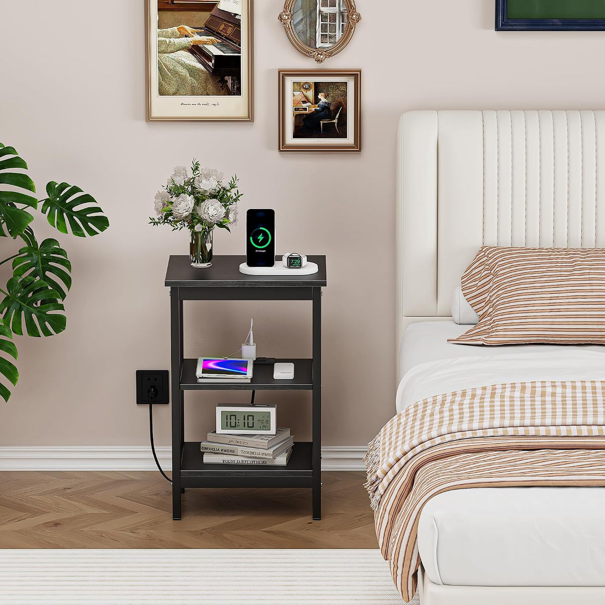 VECELO End Table with Charging Station and USB Ports, Small Wood Nightstand Modern Style, 24" Tall Living Room Side Table with 3-Tier Storage Shelves for Small Spaces, Office, Bedroom, Classic Black